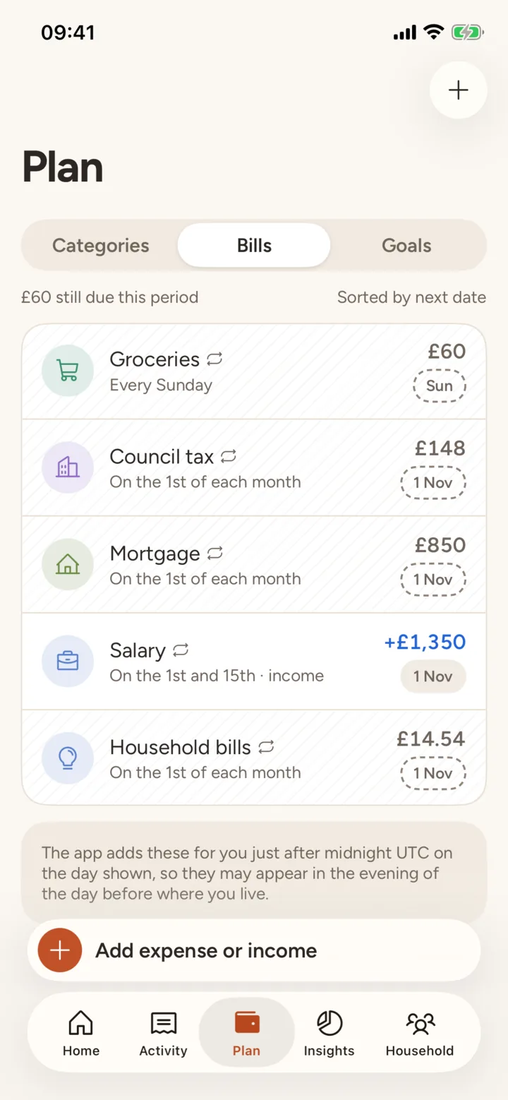 Bills sorted by the day they’re due, each added automatically.