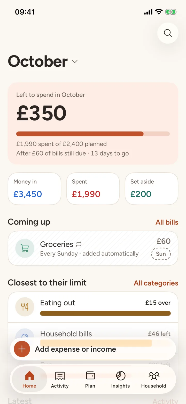 The Home screen: £350 left to spend in October, after £60 of bills still due, with money in, spent and set aside below.