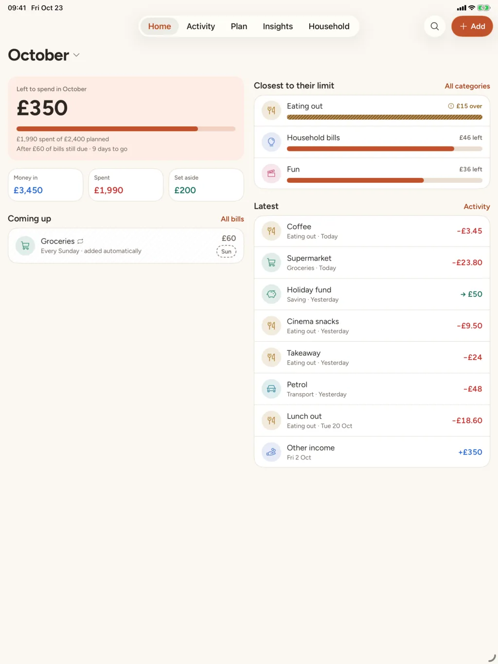 Home on iPad: £350 left to spend in October and the bills still due on the left; the categories closest to their limit and the latest entries on the right.