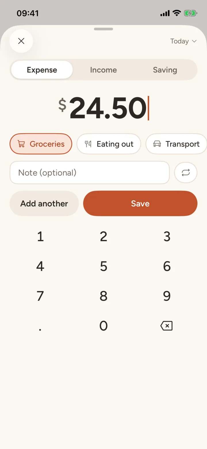 Adding a $24.50 expense with the keypad, Groceries selected.