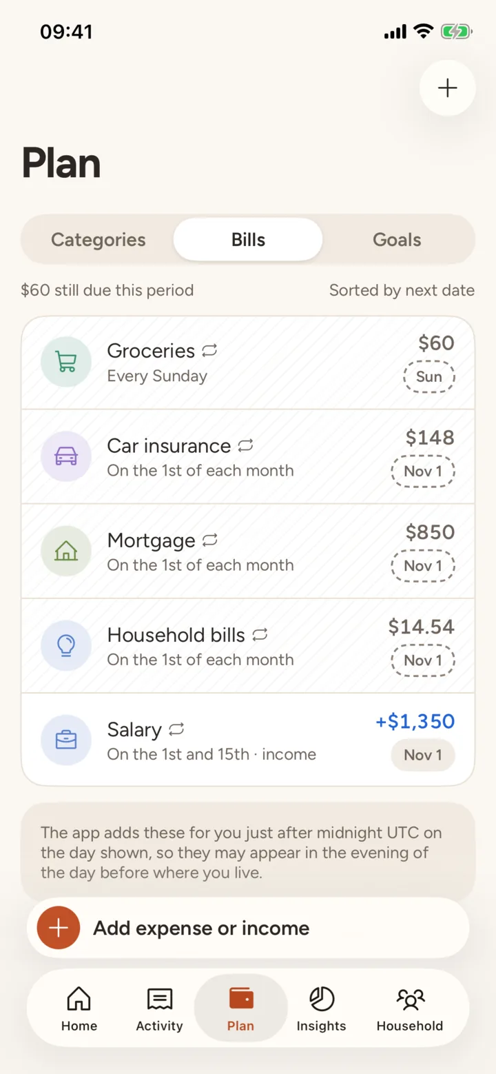 Bills sorted by the day they’re due, each added automatically.