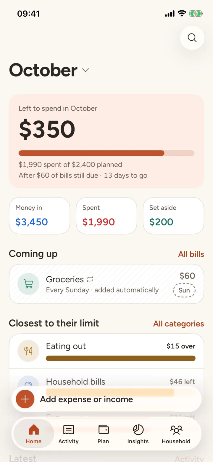 The Home screen: $350 left to spend in October, after $60 of bills still due, with money in, spent and set aside below.