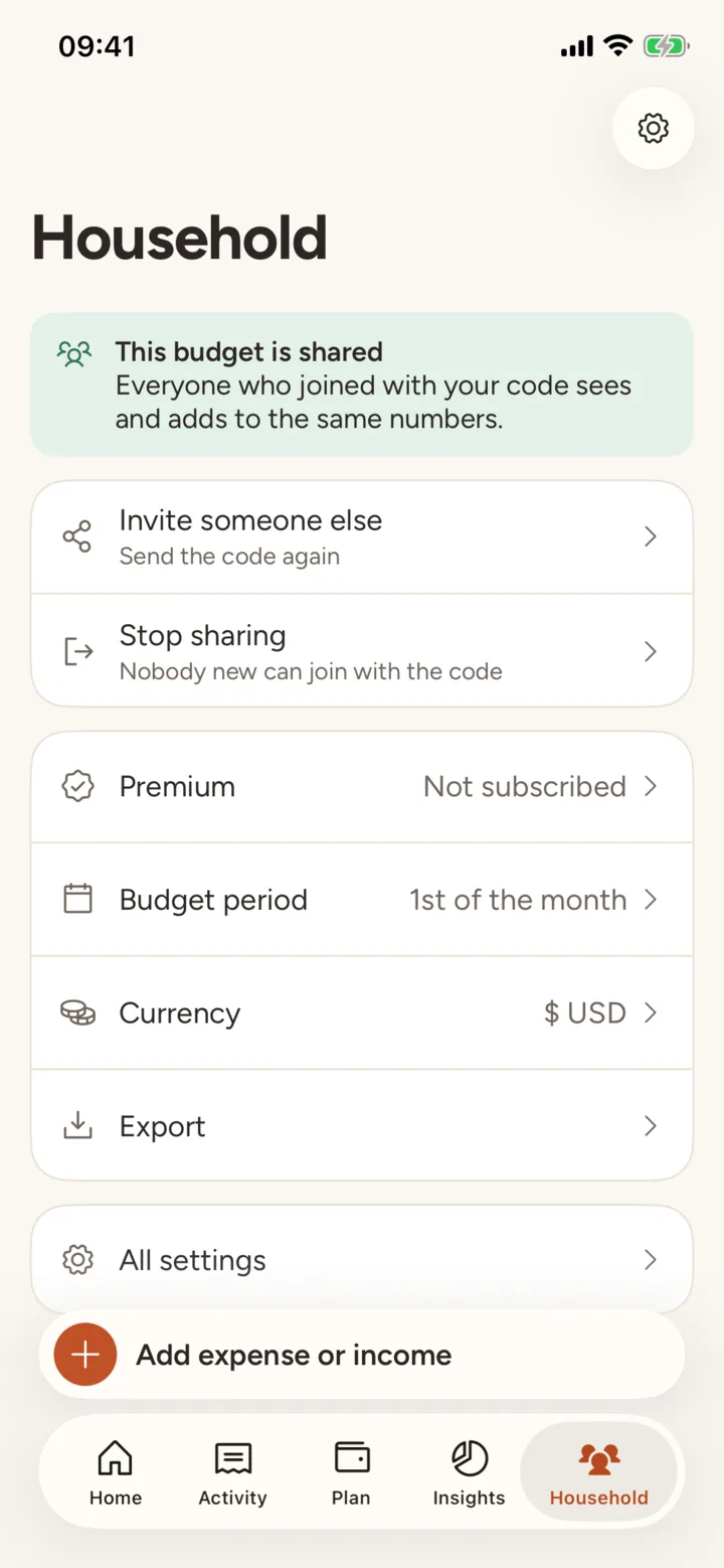The Household screen: this budget is shared, with options to invite someone else or stop sharing.